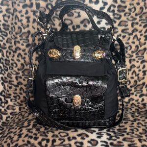 Marino Orlandi vintage Italy Black Nylon & Croc Embossed Leather Shoulder Bag